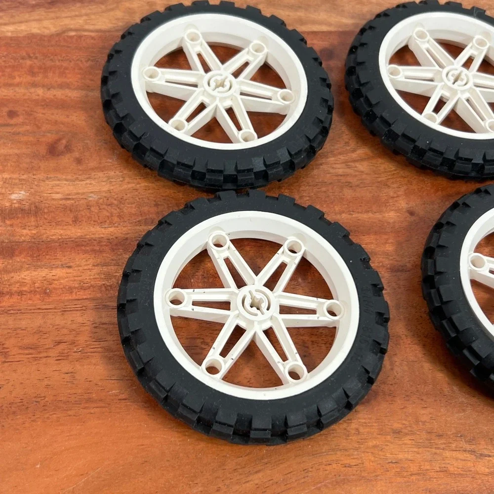 LEGO Technic Set of 4 White 6-Spoke Wheels with Black Knobby Tires 81.6 x 15